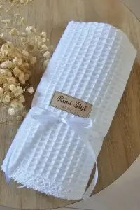 Kocyk wafelkowy z koronka BIAŁY