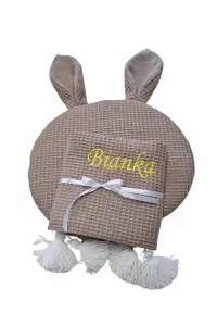 Zestaw Wafelkowy: Kocyk z chwostami, Poduszka Królik, Przytulanka Tuliś - BRĄZOWY wyprawka prezent