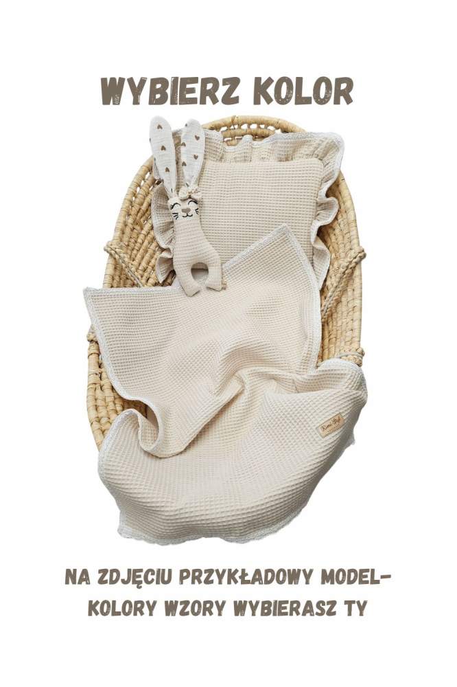 Zestaw Wafelkowy: Kocyk z koronką, Poduszka z falbanką koronką, Przytulanka Tuliś