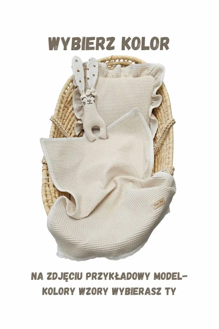 Zestaw Wafelkowy: Kocyk z koronką, Poduszka z falbanką koronką, Przytulanka Tuliś